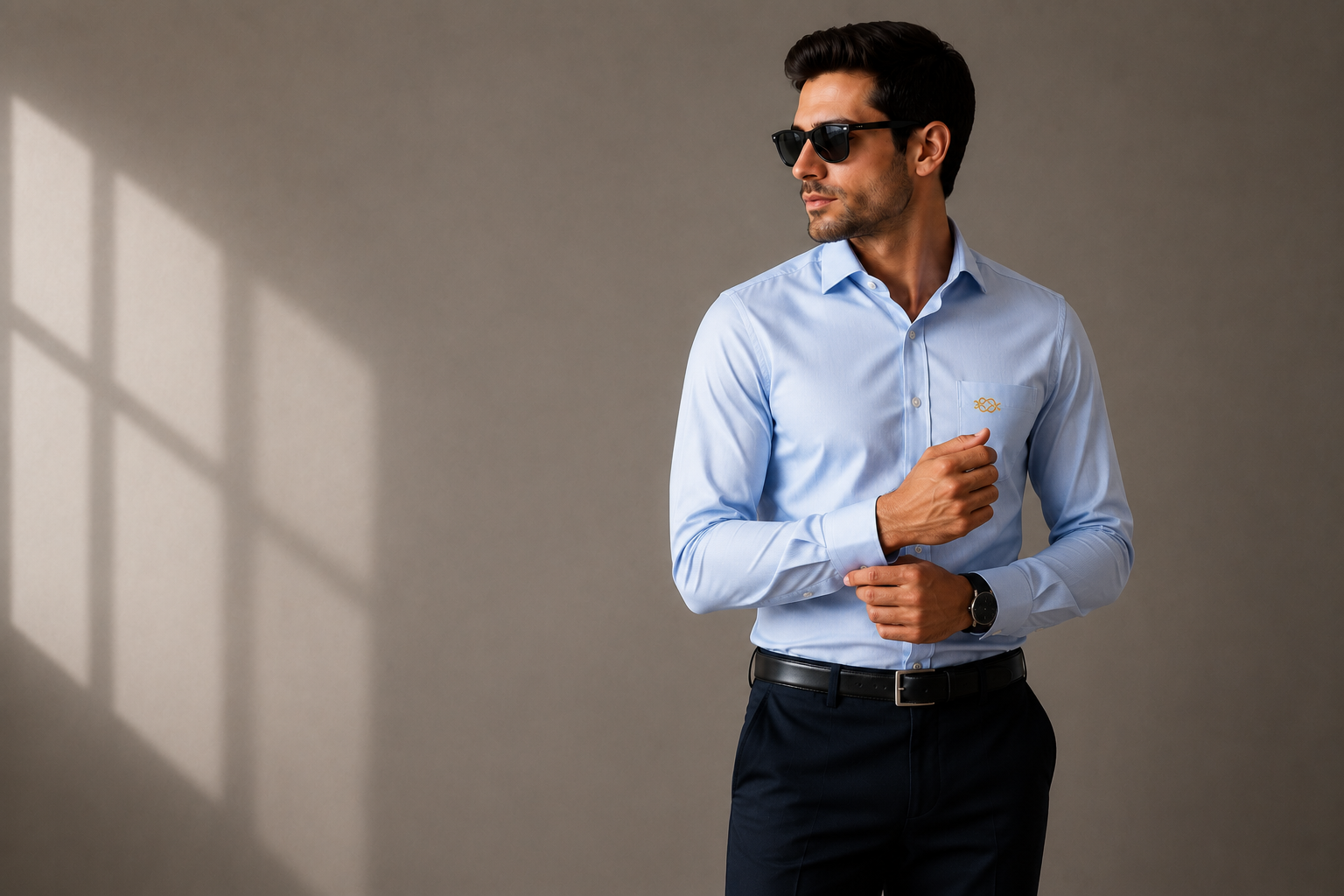 BROKNOT model wearing a light blue formal shirt