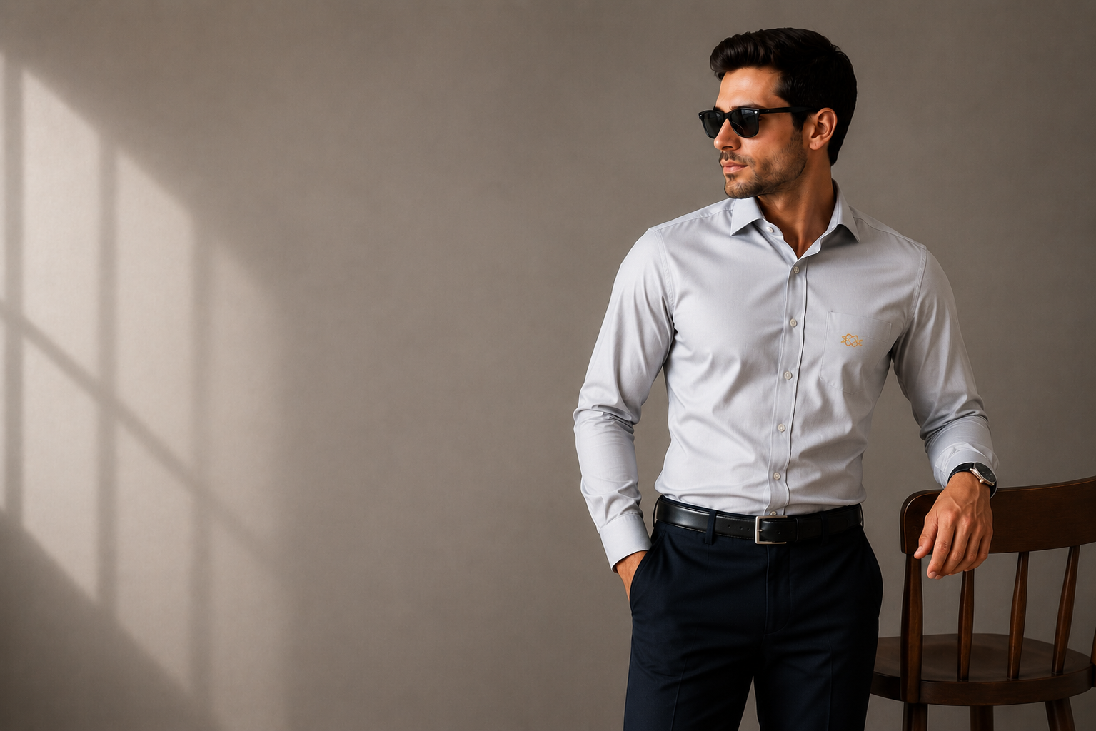 BROKNOT model wearing a light grey formal shirt