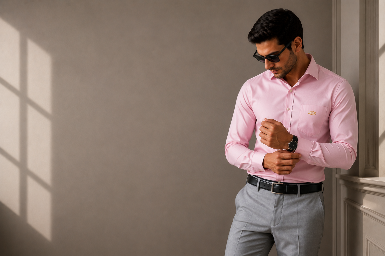 BROKNOT model wearing a pink formal shirt